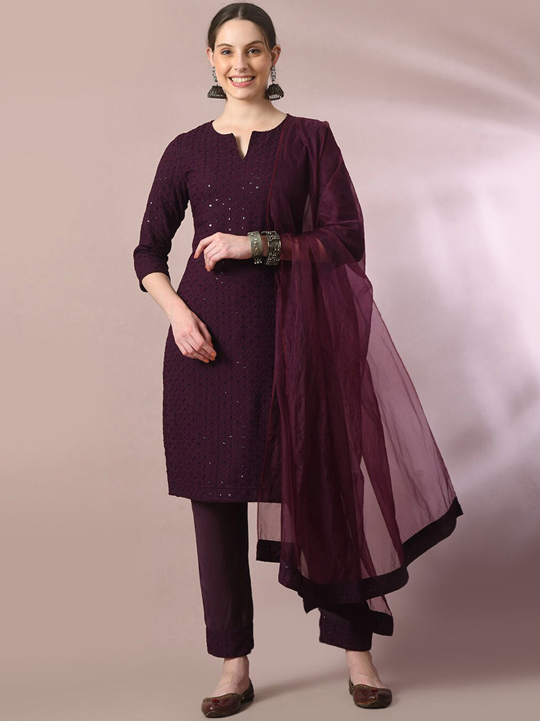 

Myshka Sequin Embroidered Pure Cotton Straight Kurta With Trousers & Dupatta, Magenta