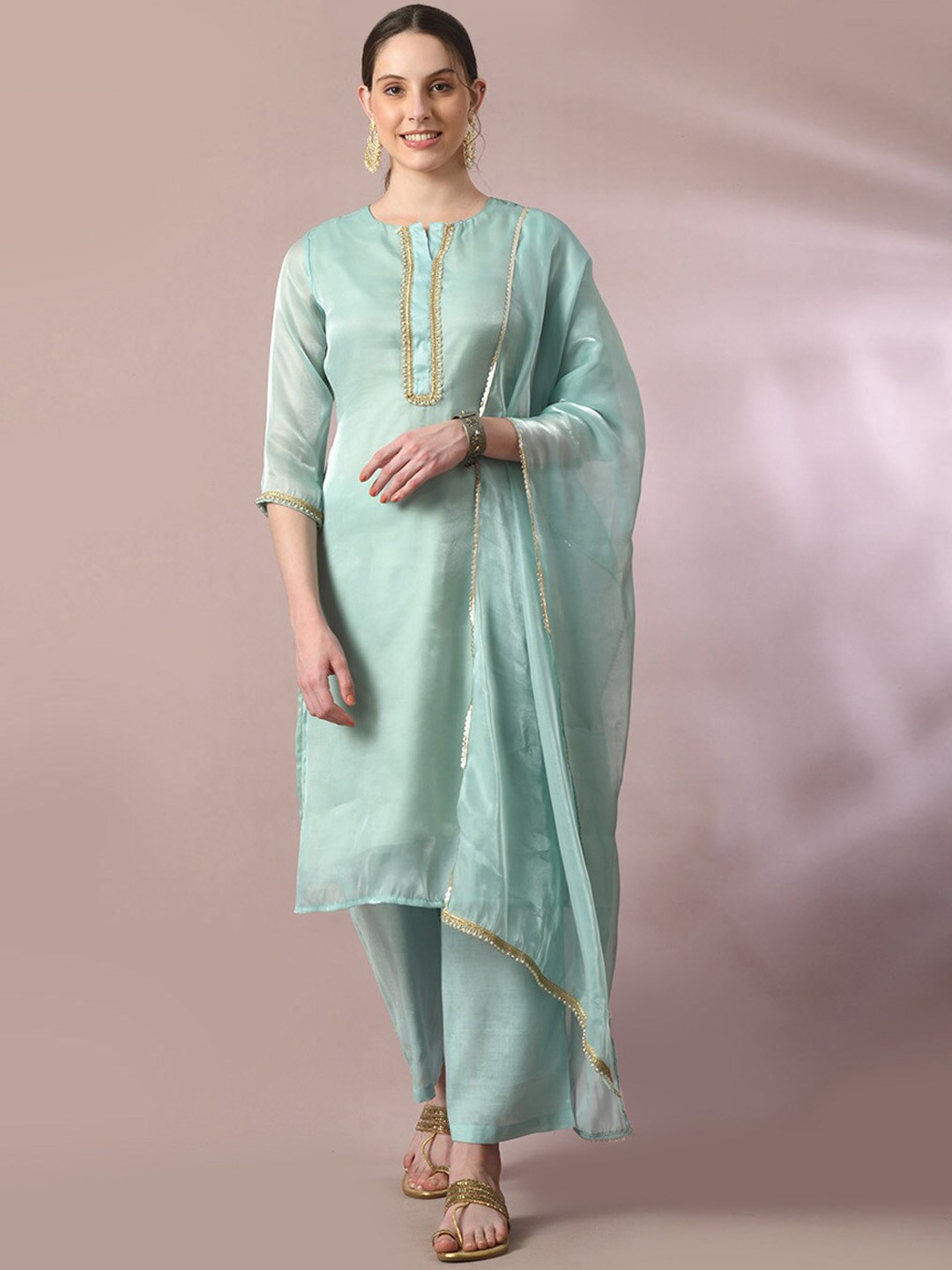 

Myshka Regular Gotta Patti Straight Kurta With Trousers & Dupatta, Sea green