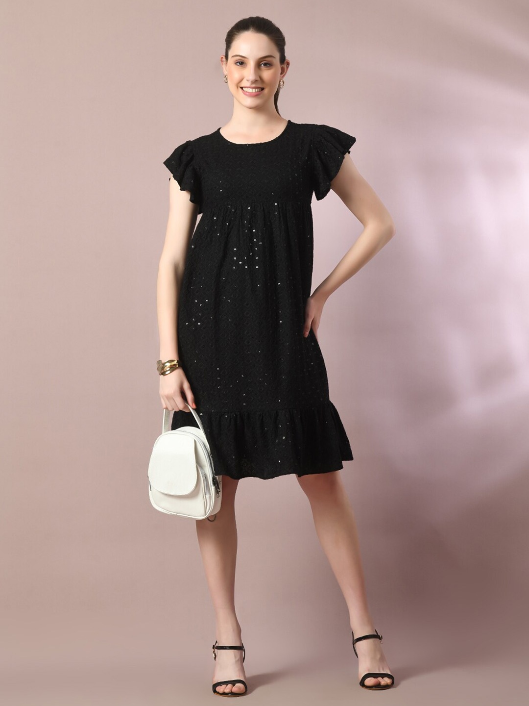 

Myshka Geometric Embroidered Sequined Flared Sleeve A-Line Cotton Dress, Black