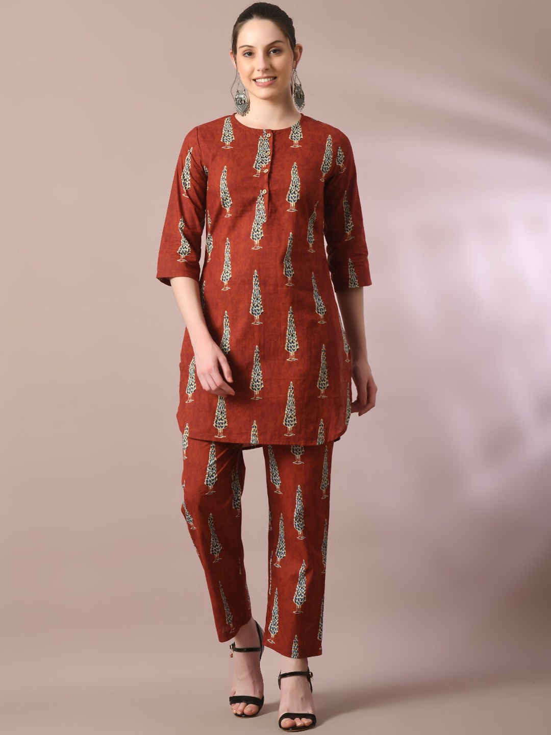 

Myshka Printed Pure Cotton Round Neck Party Tunic With Trousers Co-ord, Rust