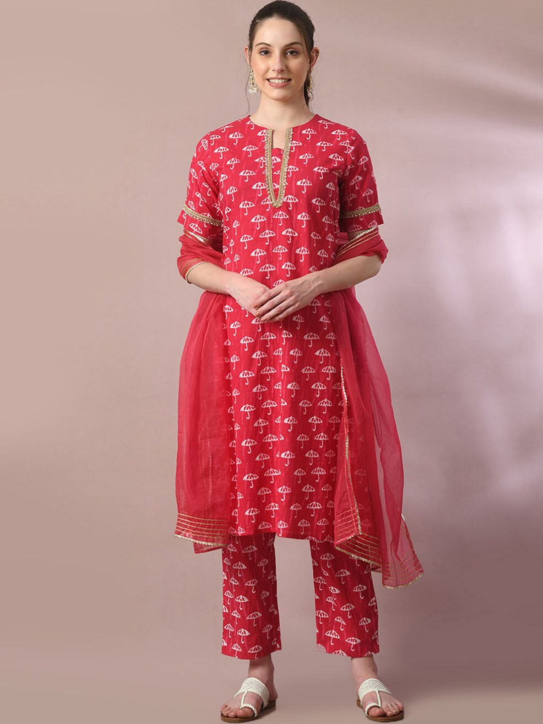 

Myshka Ethnic Motifs Printed Pure Cotton Kurta With Trousers & Dupatta, Pink