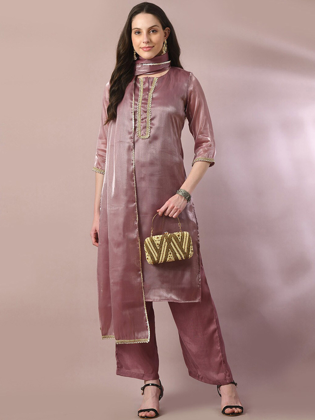 

Myshka Ethnic Motifs Yoke Design Kurta With Trousers & Dupatta, Brown