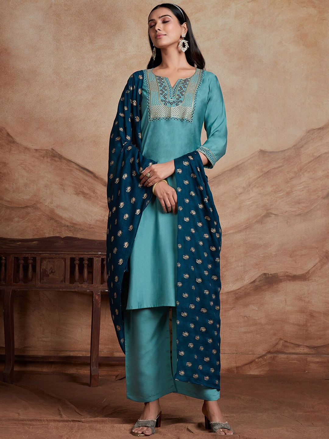 

KALINI Ethnic Motifs Yoke Design Chanderi Silk Straight Kurta With Palazzos & Dupatta, Green