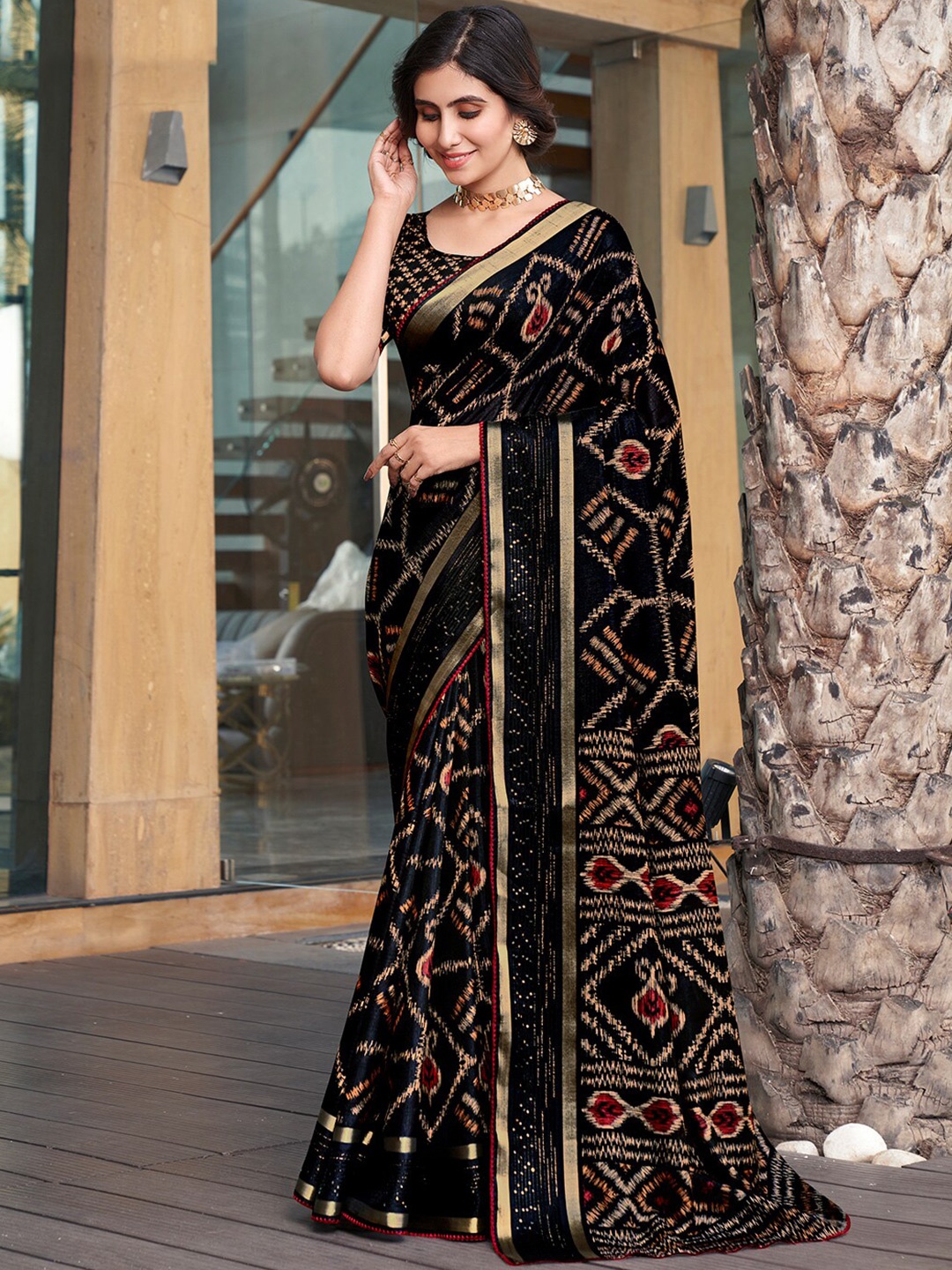 

SANSKAR Printed Zari Cotton Saree, Black