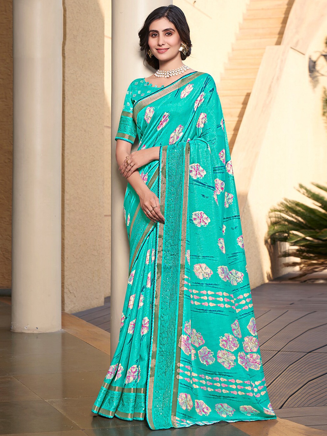 

SANSKAR Floral Printed Zari Cotton Saree, Turquoise blue