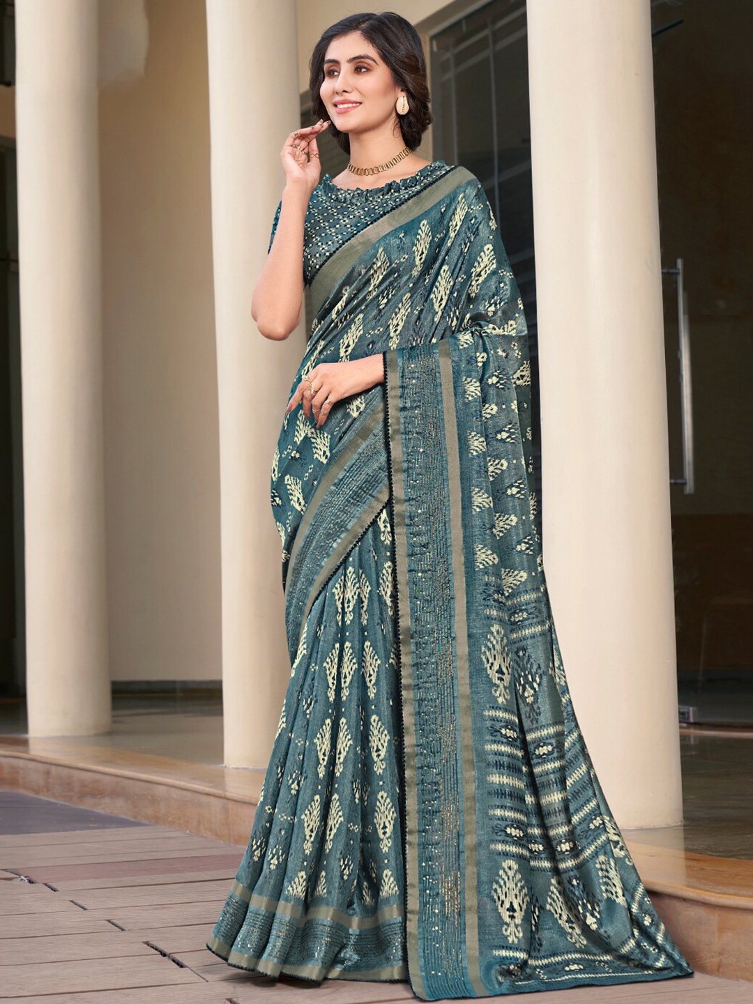 

SANSKAR Ethnic Motifs Printed Zari Cotton Saree, Grey