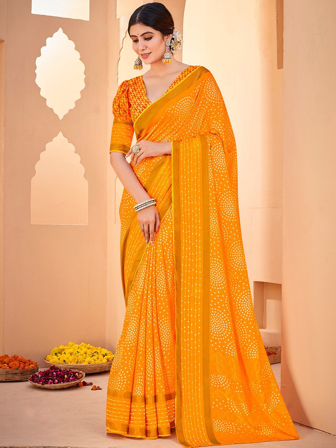 

SANSKAR Bandhani Printed Cotton Zari Saree, Yellow