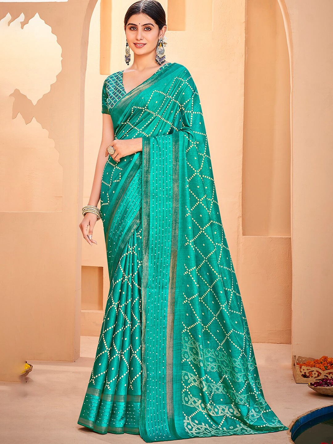 

SANSKAR Bandhani Printed Zari Cotton Saree, Turquoise blue