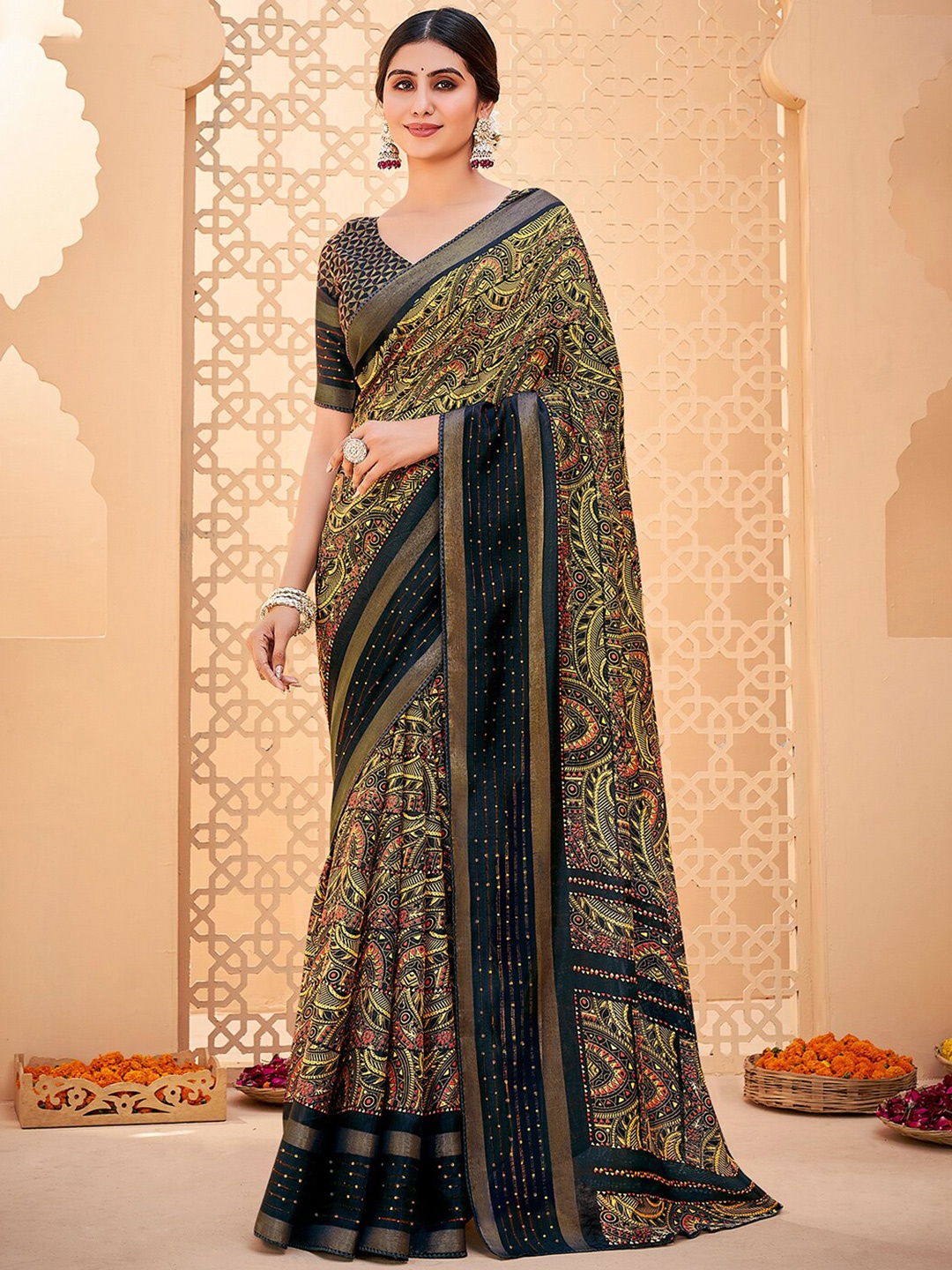 

SANSKAR Ethnic Motifs Printed Zari Cotton Saree, Black