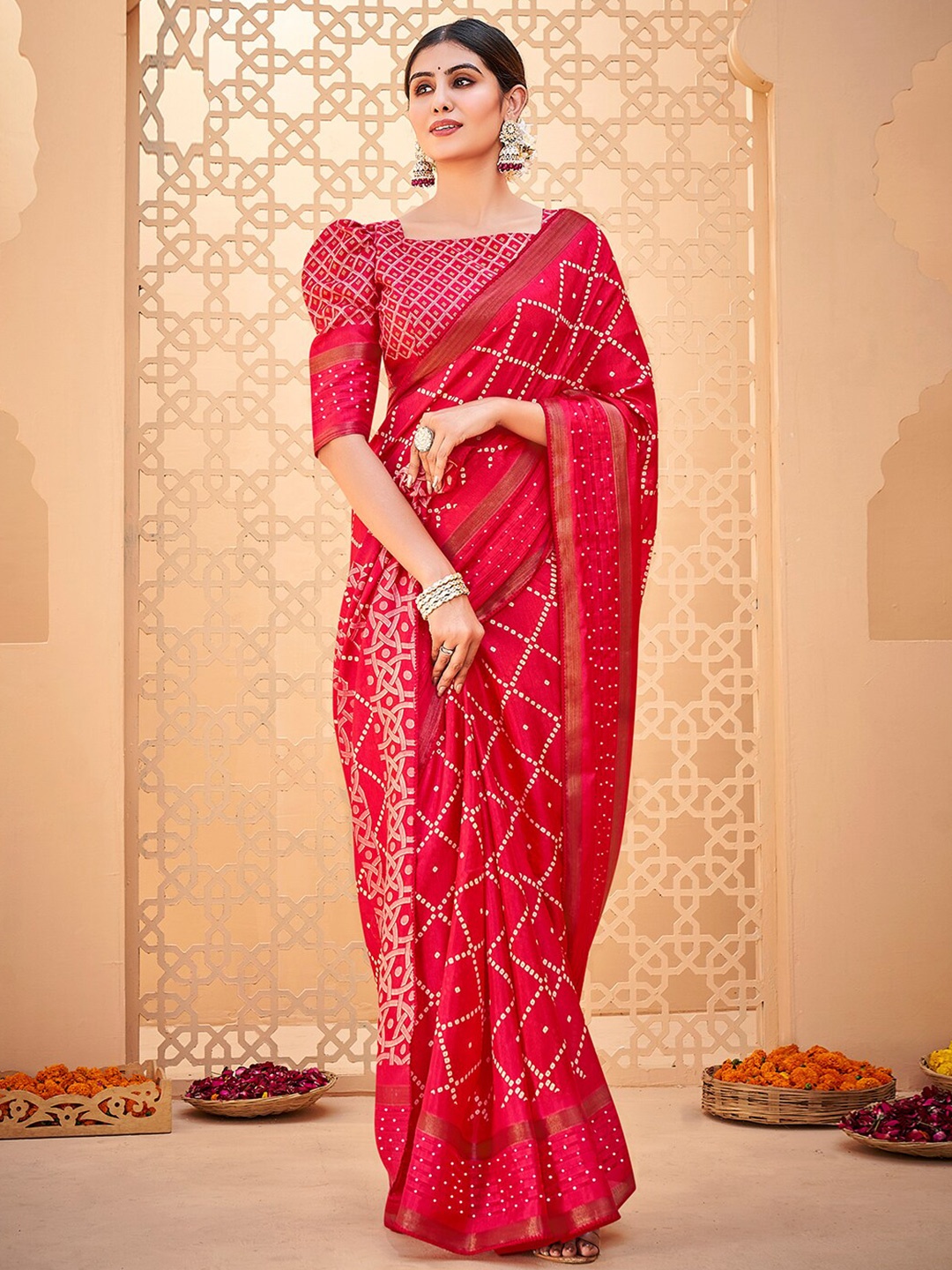 

SANSKAR Bandhani Printed Zari Cotton Saree, Pink