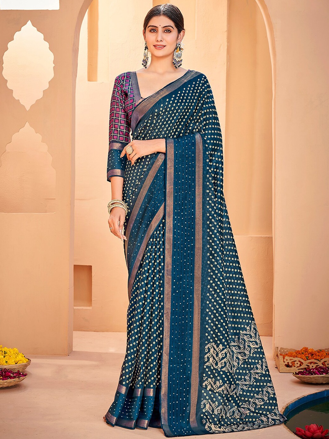 

SANSKAR Bandhani Printed Zari Cotton Saree, Blue