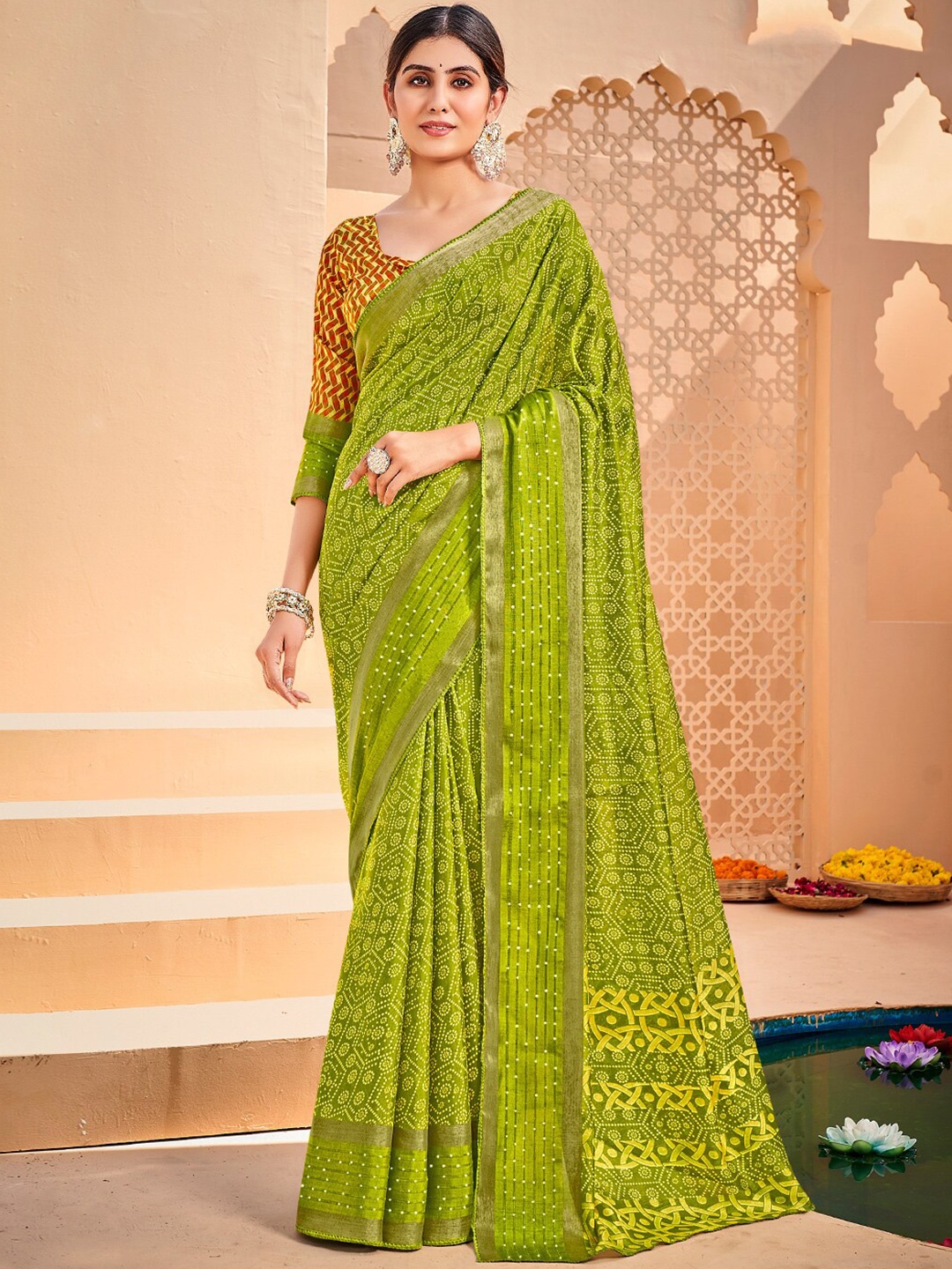 

SANSKAR Bandhani Printed Zari Cotton Saree, Lime green