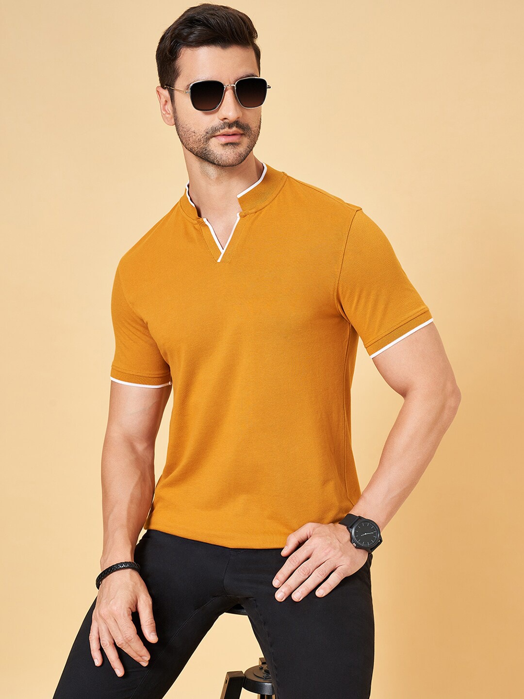 

BYFORD by Pantaloons Mandarin Collar Cotton Slim Fit T-shirt, Brown