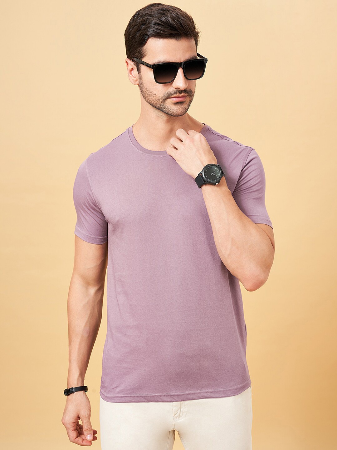 

BYFORD by Pantaloons Round Neck Short Sleeve Cotton T-shirt, Mauve