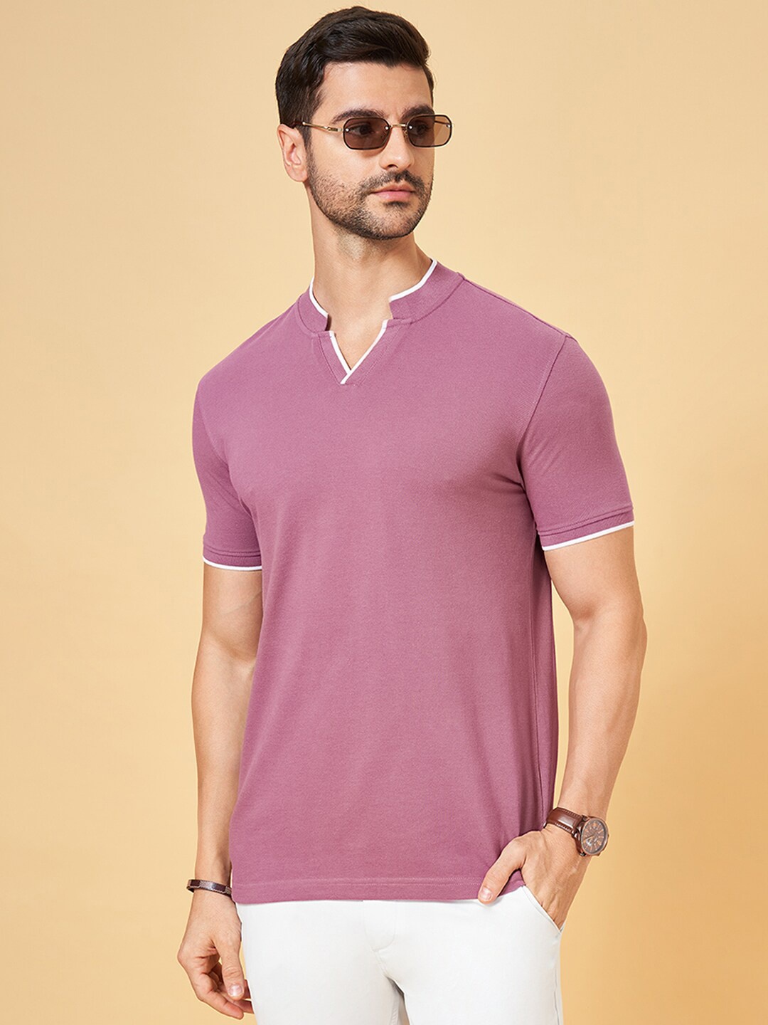 

BYFORD by Pantaloons Mandarin Collar Cotton Slim Fit T-shirt, Pink