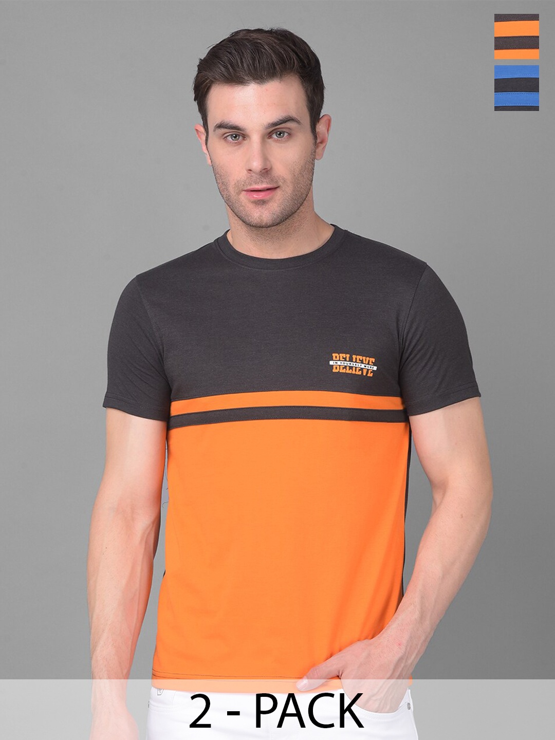 

Dollar Pack of 2 Cotton Colourblocked Regular Fit T-shirt, Assorted
