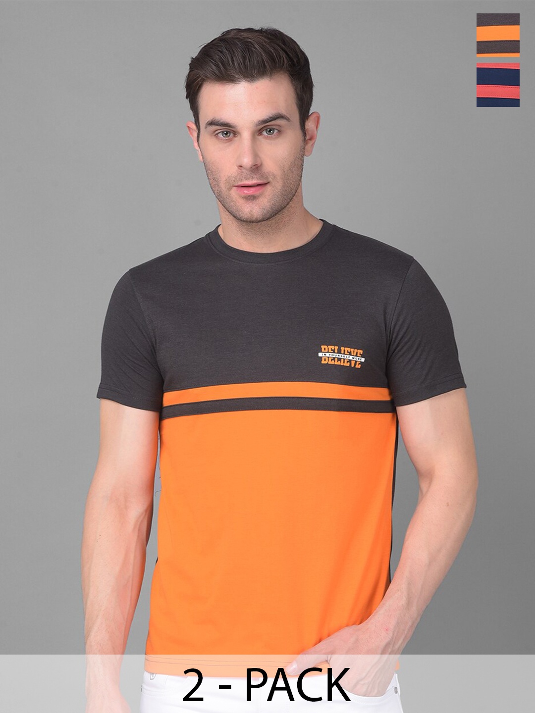 

Dollar Pack Of 2 Colourblocked Cotton Round Neck Short Sleeves Pockets T-shirts, Orange