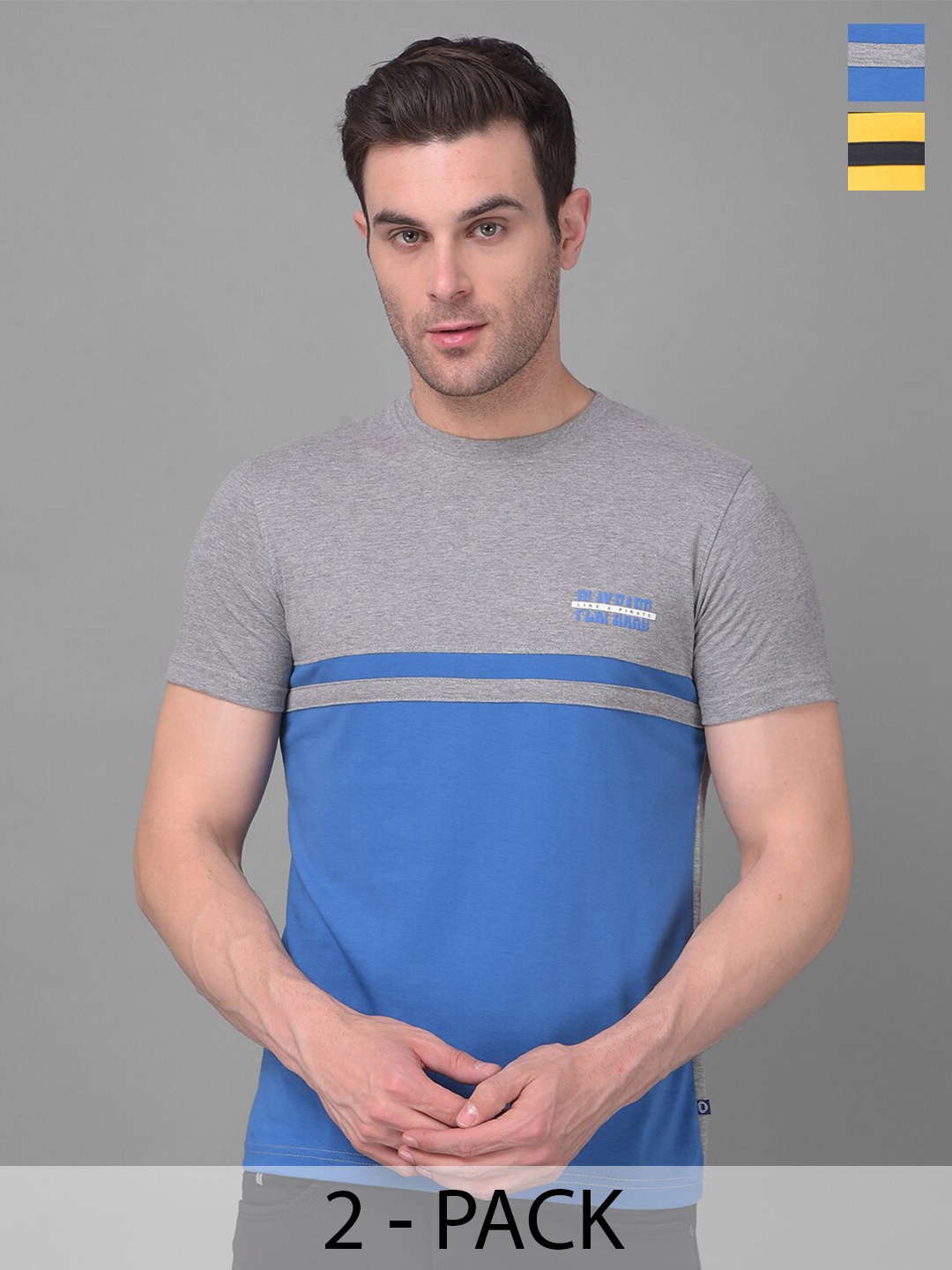 

Dollar Pack Of 2 Colourblocked Cotton Round Neck Short Sleeves Pockets T-shirts, Grey