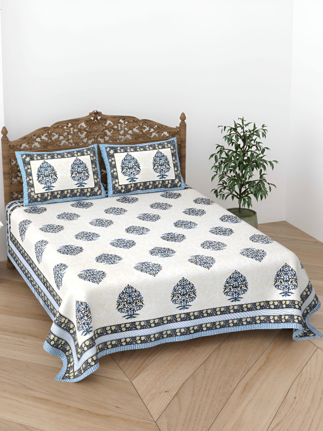 

CURIOUS LIFESTYLE Cream & White Floral 300 TC Cotton Flat King Bedsheet & 2 Pillow Covers