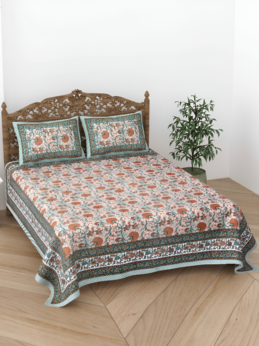 

CURIOUS LIFESTYLE Brown & Blue Floral 300 TC Cotton Flat King Bedsheet & 2 Pillow Covers