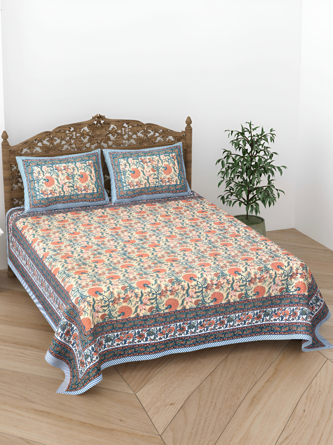 

CURIOUS LIFESTYLE Beige & Blue Floral 300 TC King Bedsheet with 2 Pillow Covers