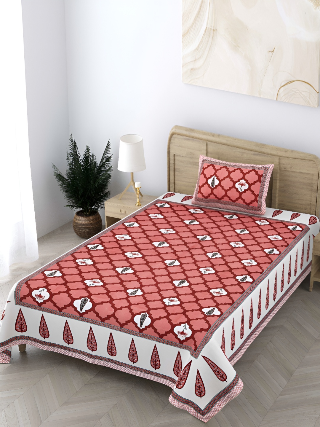 

CURIOUS LIFESTYLE Red & White Floral 300 TC Cotton Single Bedsheet & 1 Pillow Cover