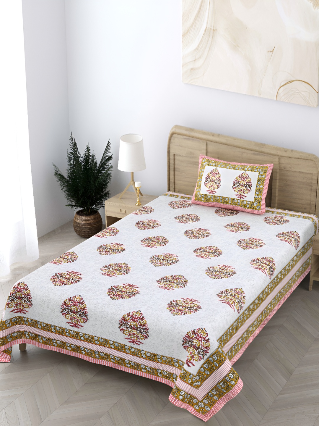 

CURIOUS LIFESTYLE Sea Green Floral 300 TC Cotton Flat Single Bedsheet & 1 Pillow Cover