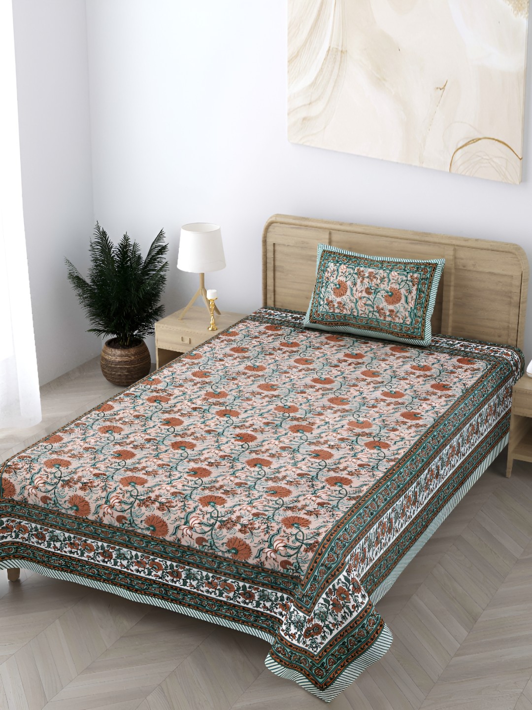 

CURIOUS LIFESTYLE Brown & Blue Floral 300 TC Cotton Single Bedsheet With 1 Pillow Cover