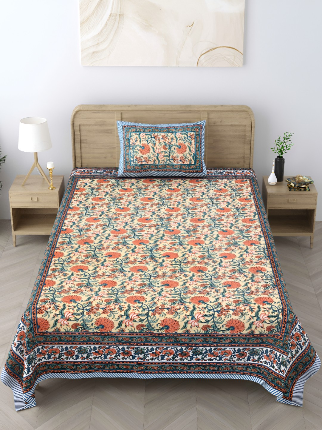 

CURIOUS LIFESTYLE Beige & White Floral 300 TC Cotton Flat Single Bedsheet & 1 Pillow Cover