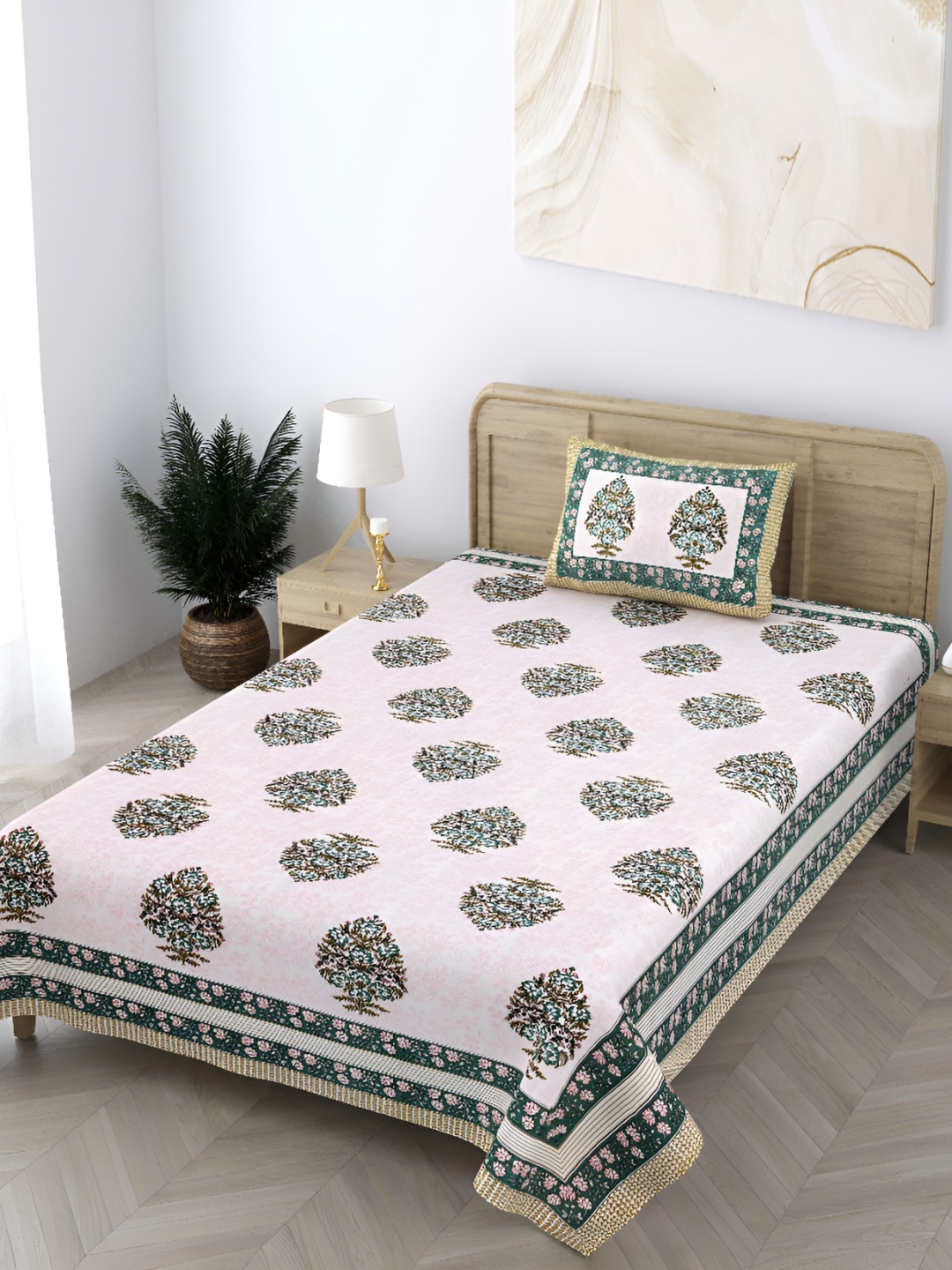 

CURIOUS LIFESTYLE Peach & White Floral 300 TC Cotton Flat Single Bedsheet & 1 Pillow Cover