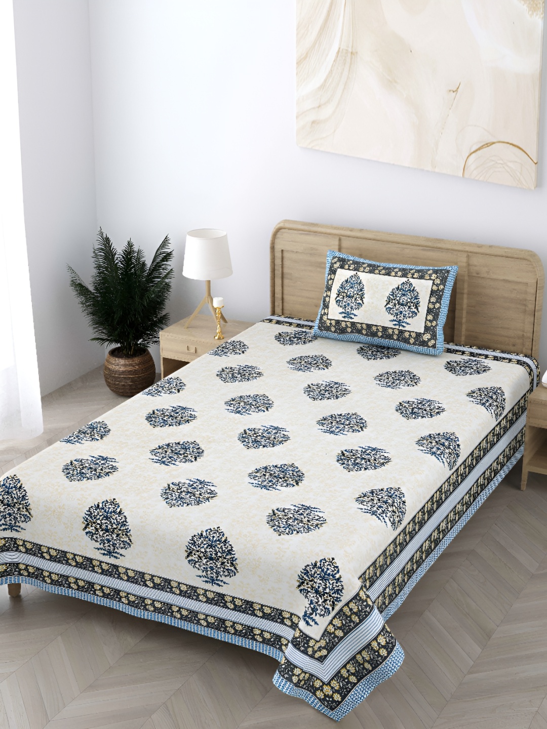 

CURIOUS LIFESTYLE Cream White Floral 300 TC Cotton Single Bedsheet With 1 Pillow Cover