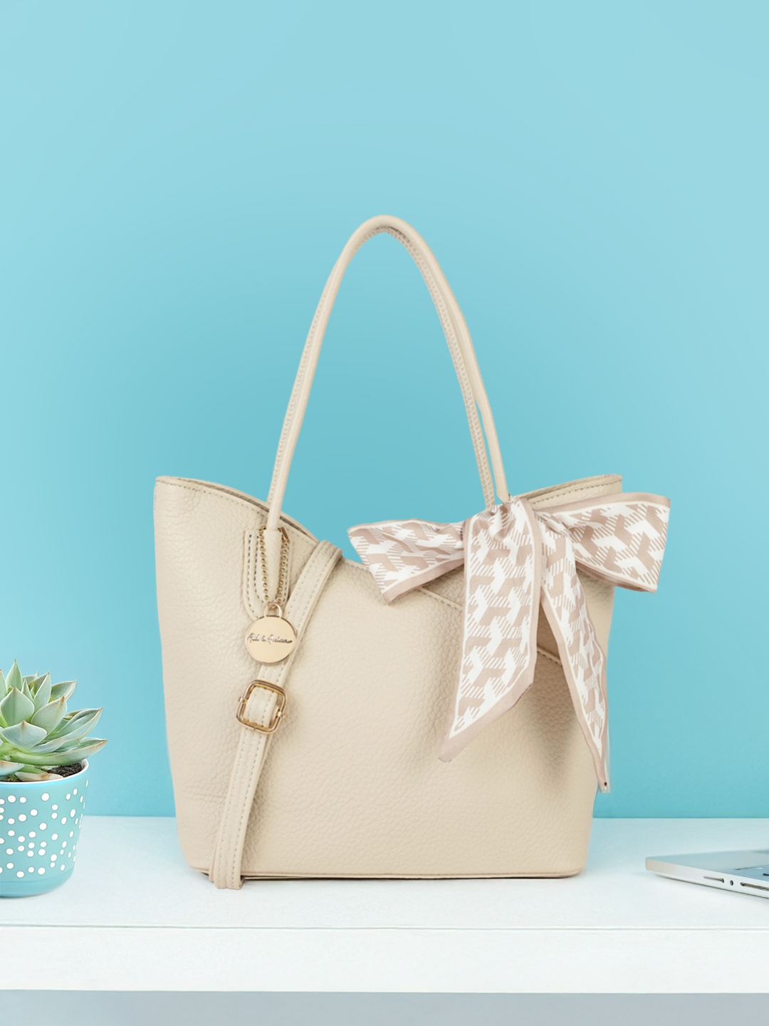Mast & Harbour Textured Structured Handheld Bag With Scarf, Beige