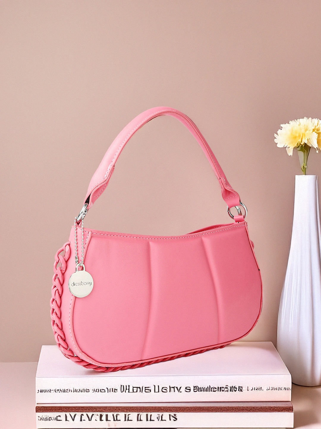 

DressBerry Geometric Self Design Structured Handheld Bag, Pink