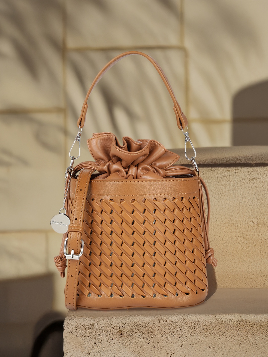 

Mast & Harbour Structured Handheld Bag with Cut Work, Brown