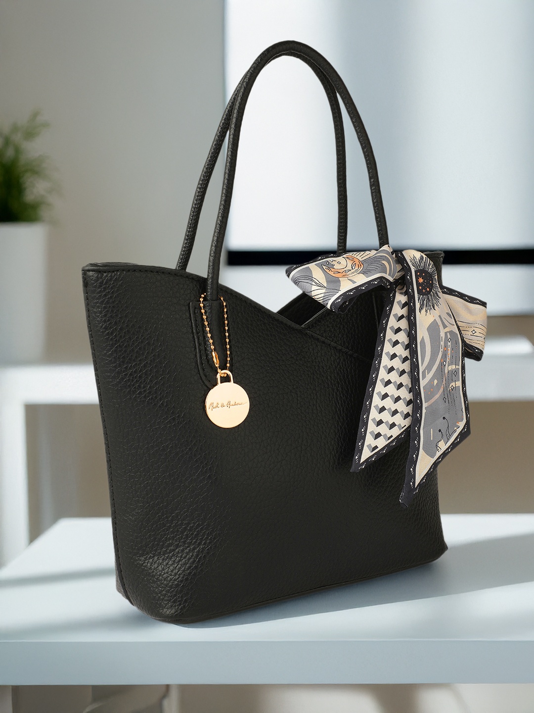 

Mast & Harbour Textured Structured Handheld Bag Comes with A Scarf, Black