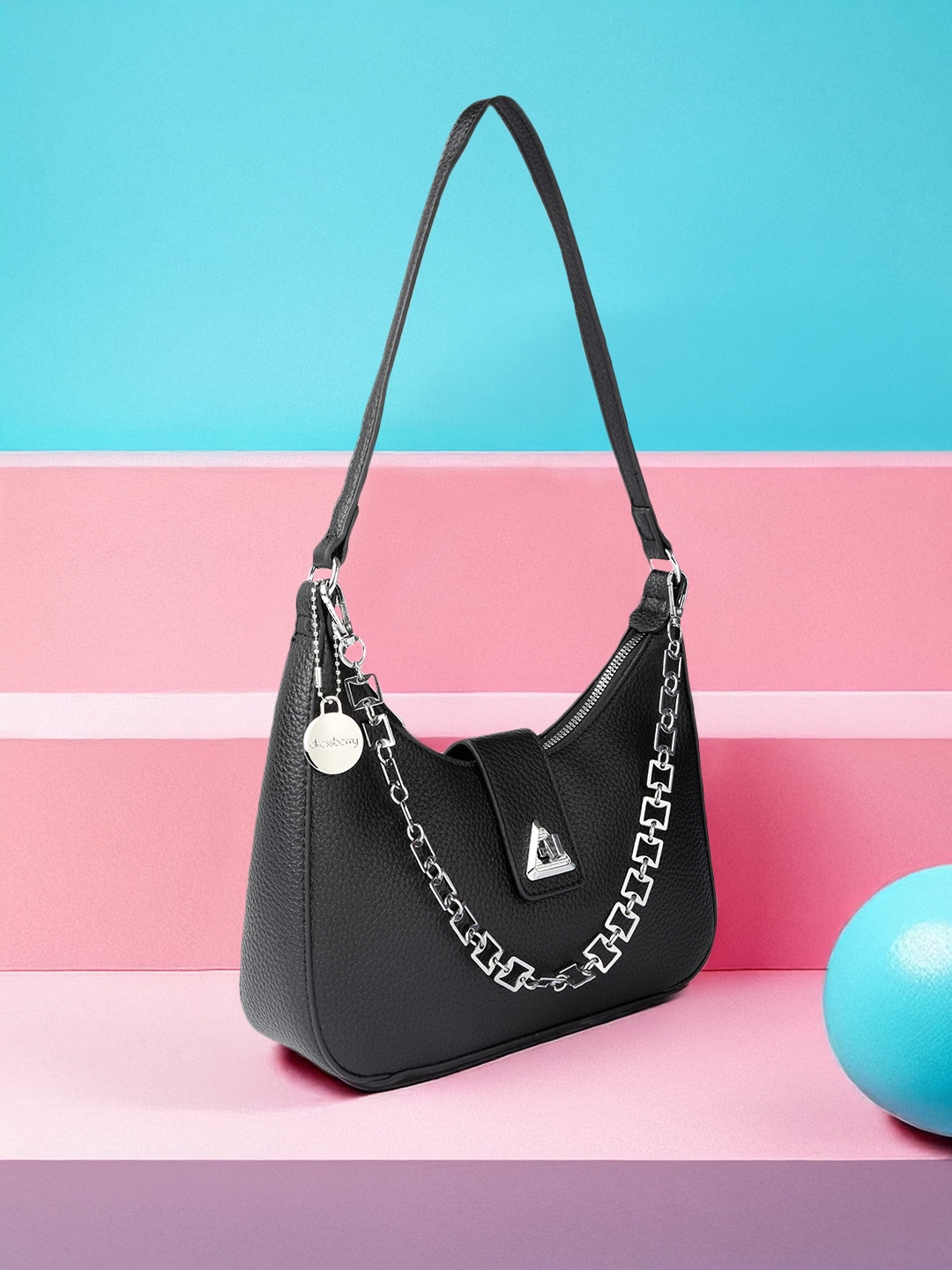 

DressBerry Textured Hobo Bag with Chain Design Handle, Black