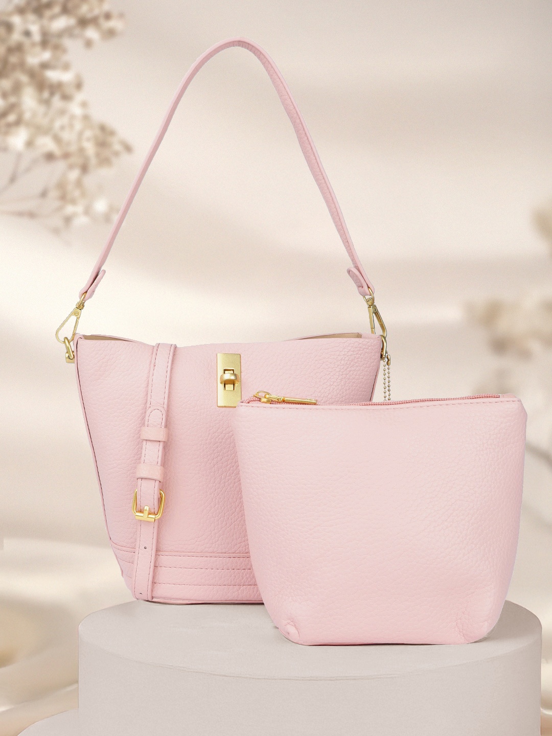 

DressBerry Textured Shoulder Bag with Pouch, Pink