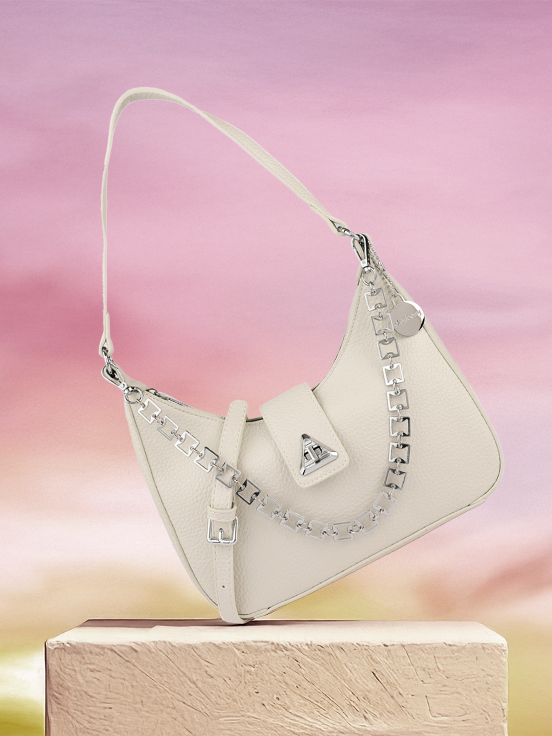 

DressBerry Textured Hobo Bag with Chain Design Handle, Off white