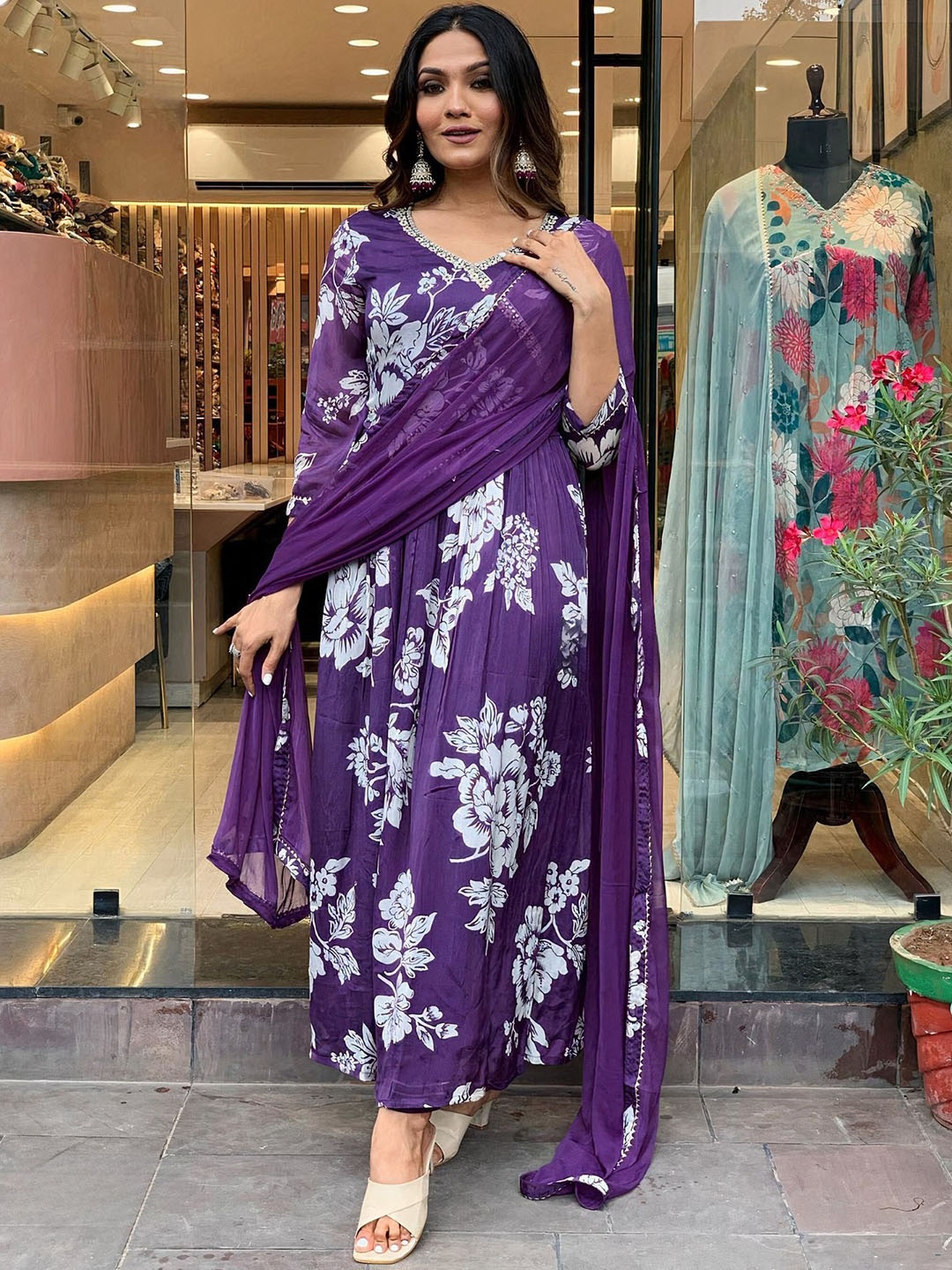 

KALINI Floral Printed Angrakha Silk Chiffon Anarkali Kurta With Trousers & Dupatta, Purple