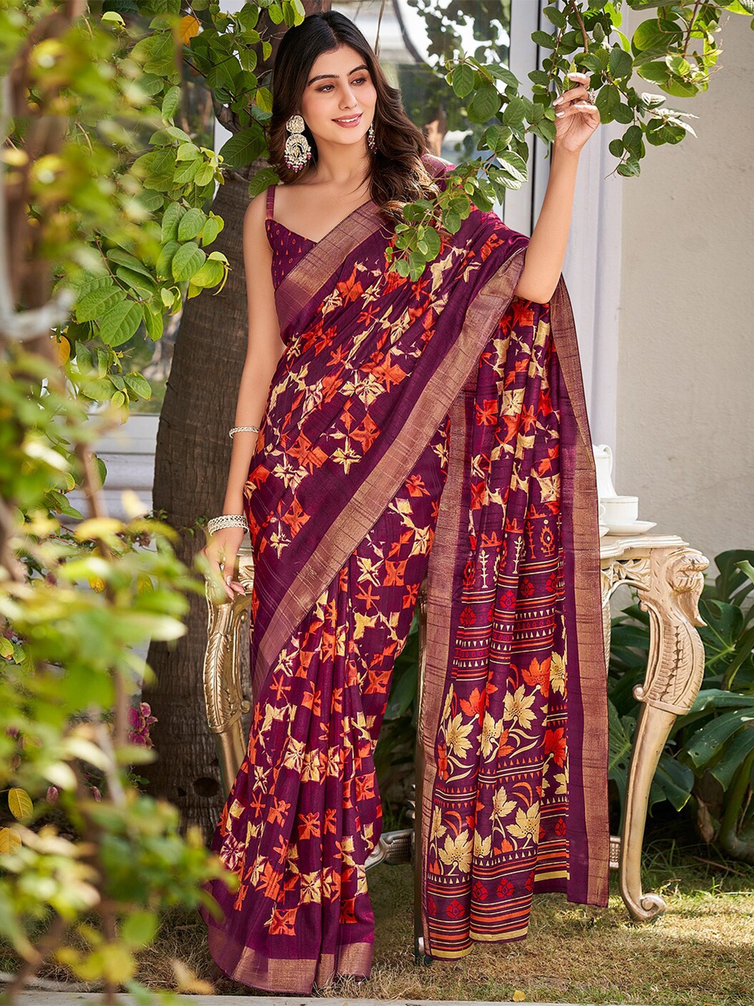 

SANSKAR Abstract Printed Silk Saree, Brown