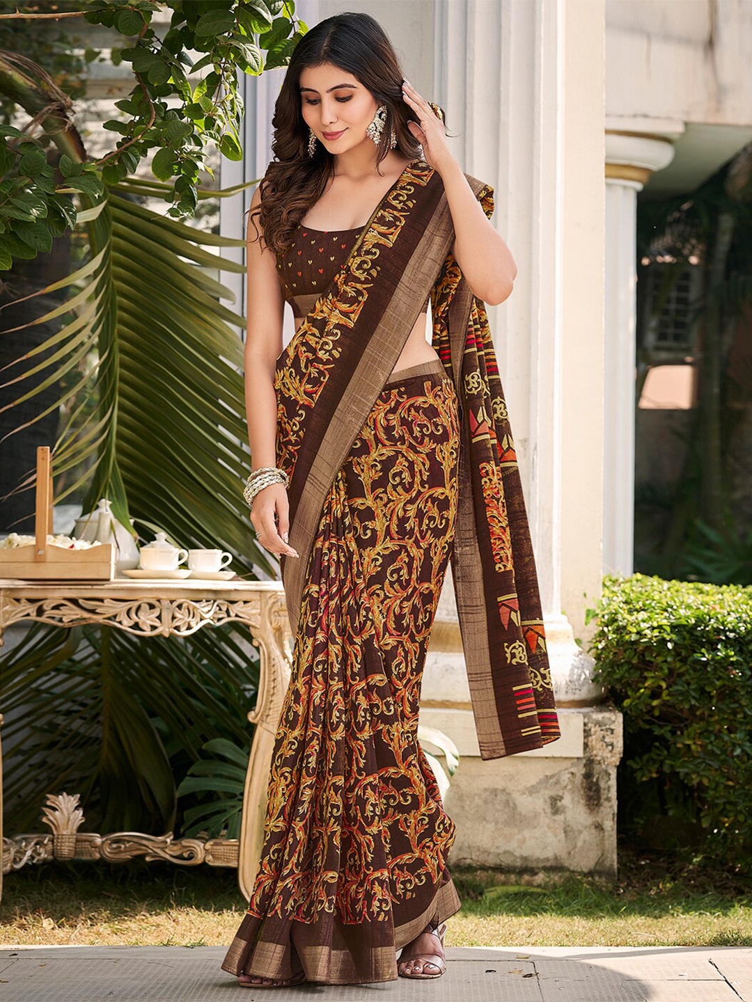 

SANSKAR Ethnic Motifs Printed Zari Silk Saree, Maroon