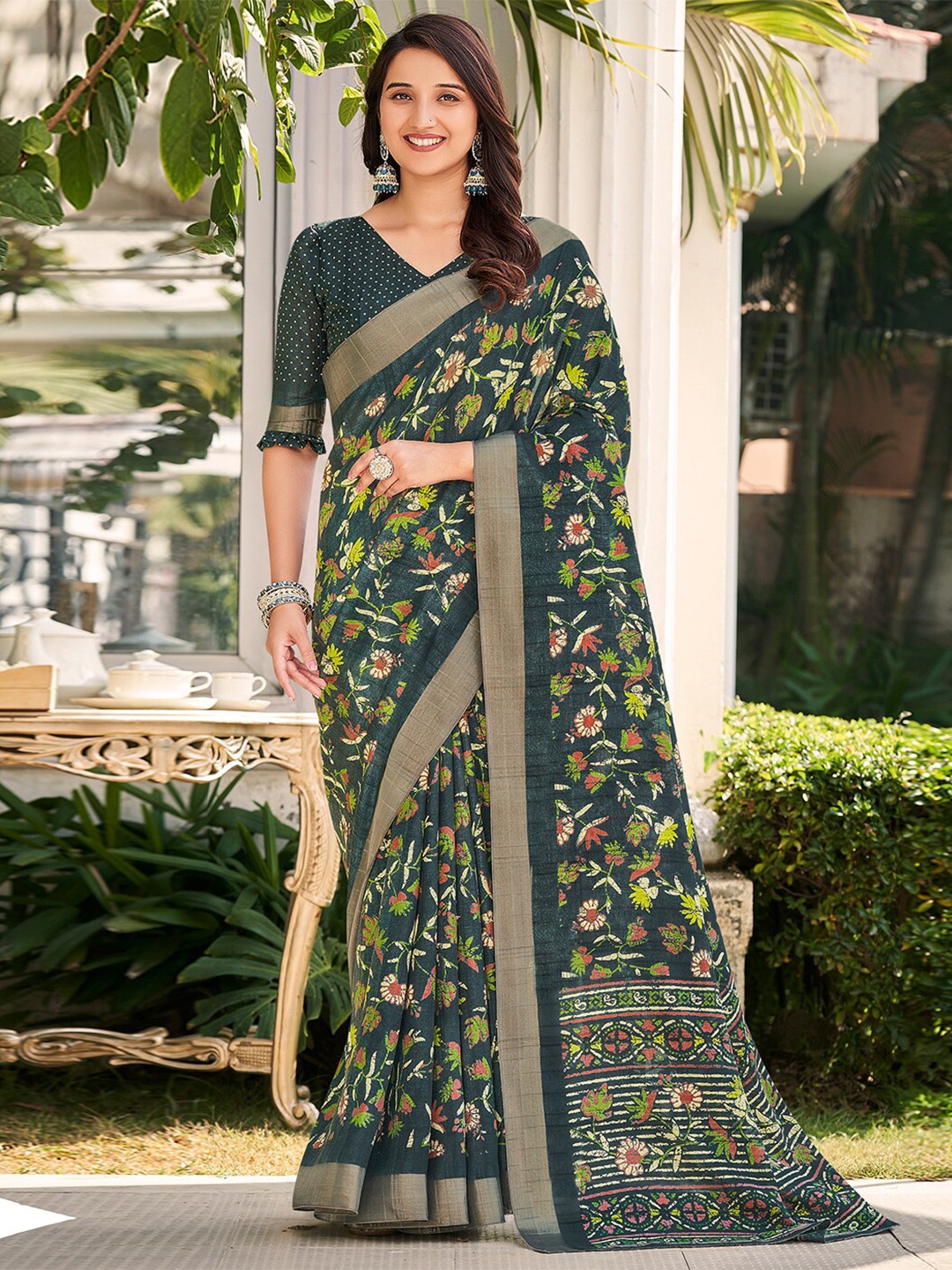 SANSKAR Floral Printed Zari Silk Saree, Teal