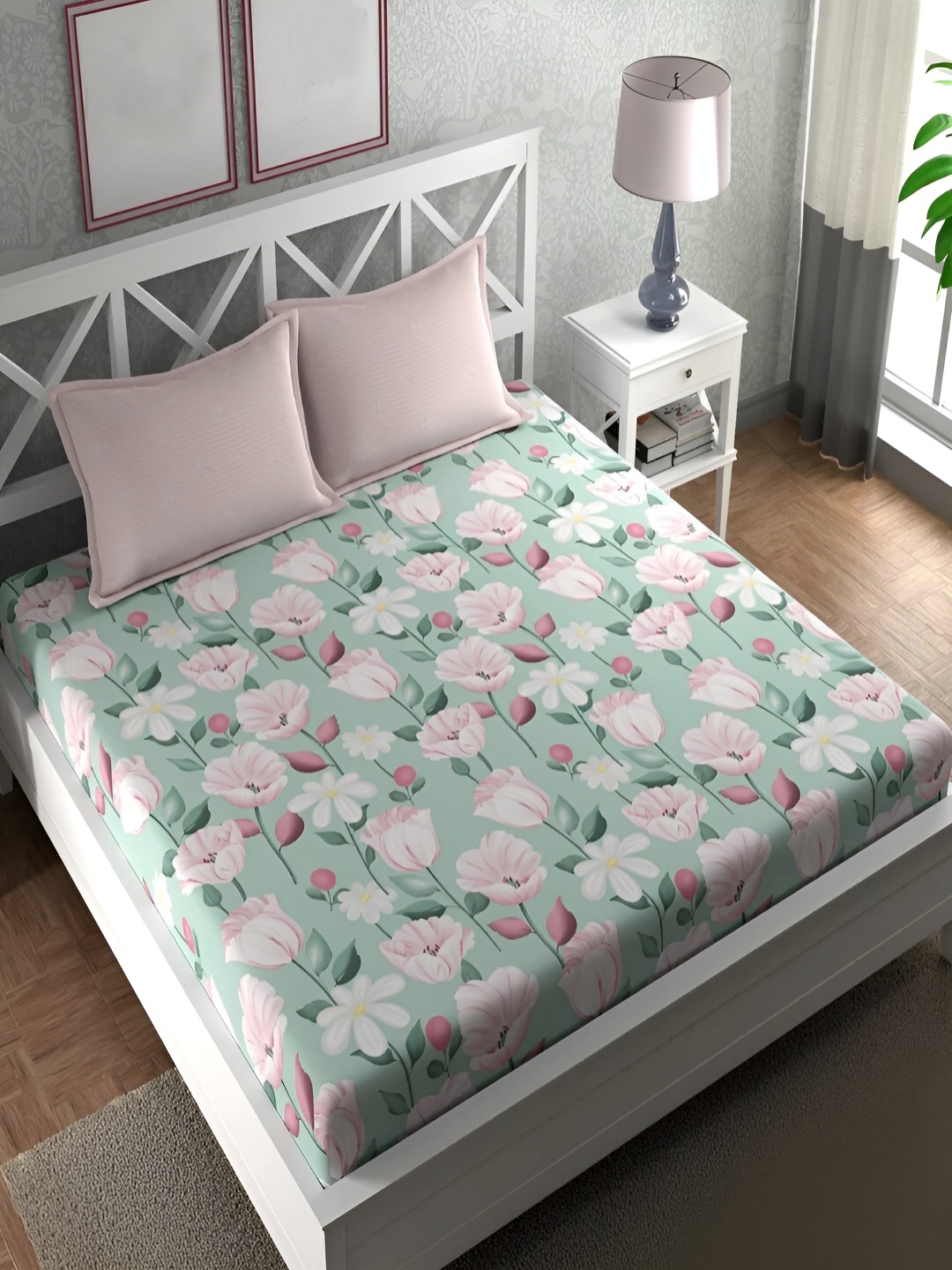 

Srijee Decors Green & White Floral 210 TC King Bedsheet with 2 Pillow Covers