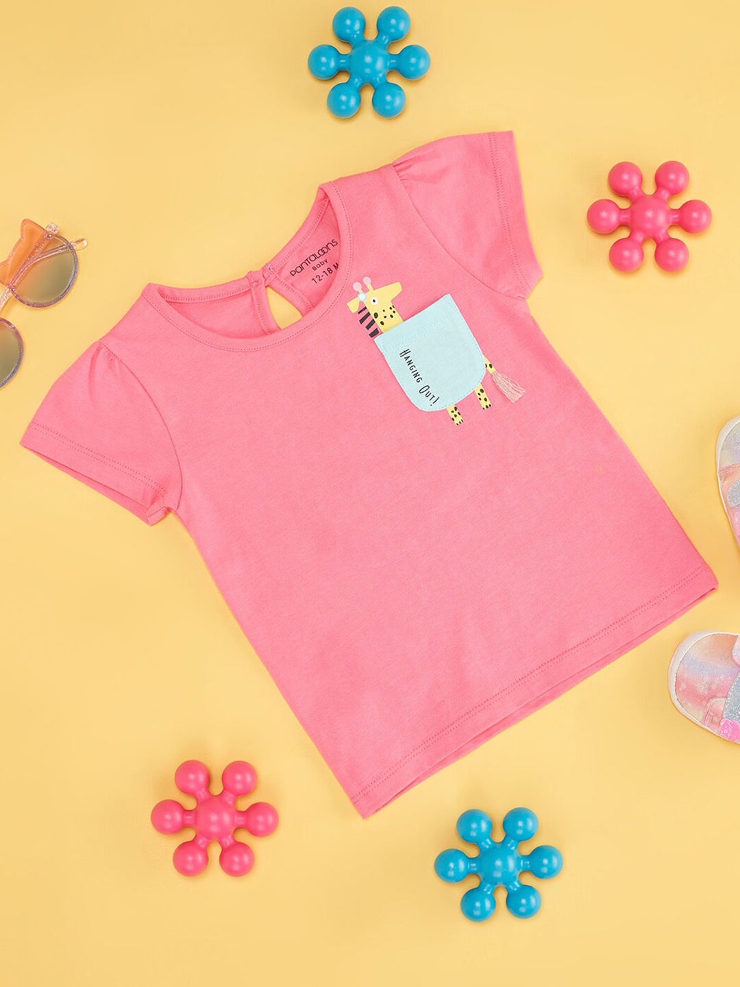 

Pantaloons Baby Girls Cotton Round Neck Cap Sleeves Applique Casual T-shirt, Pink