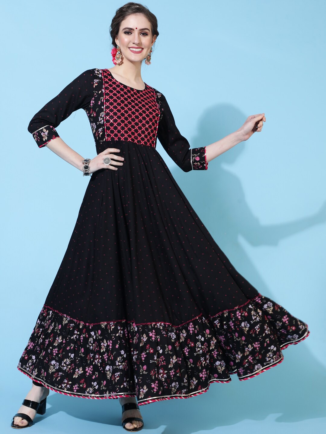 

GULMOHAR JAIPUR Geometric Printed Mirror Work Anarkali Kurta, Black