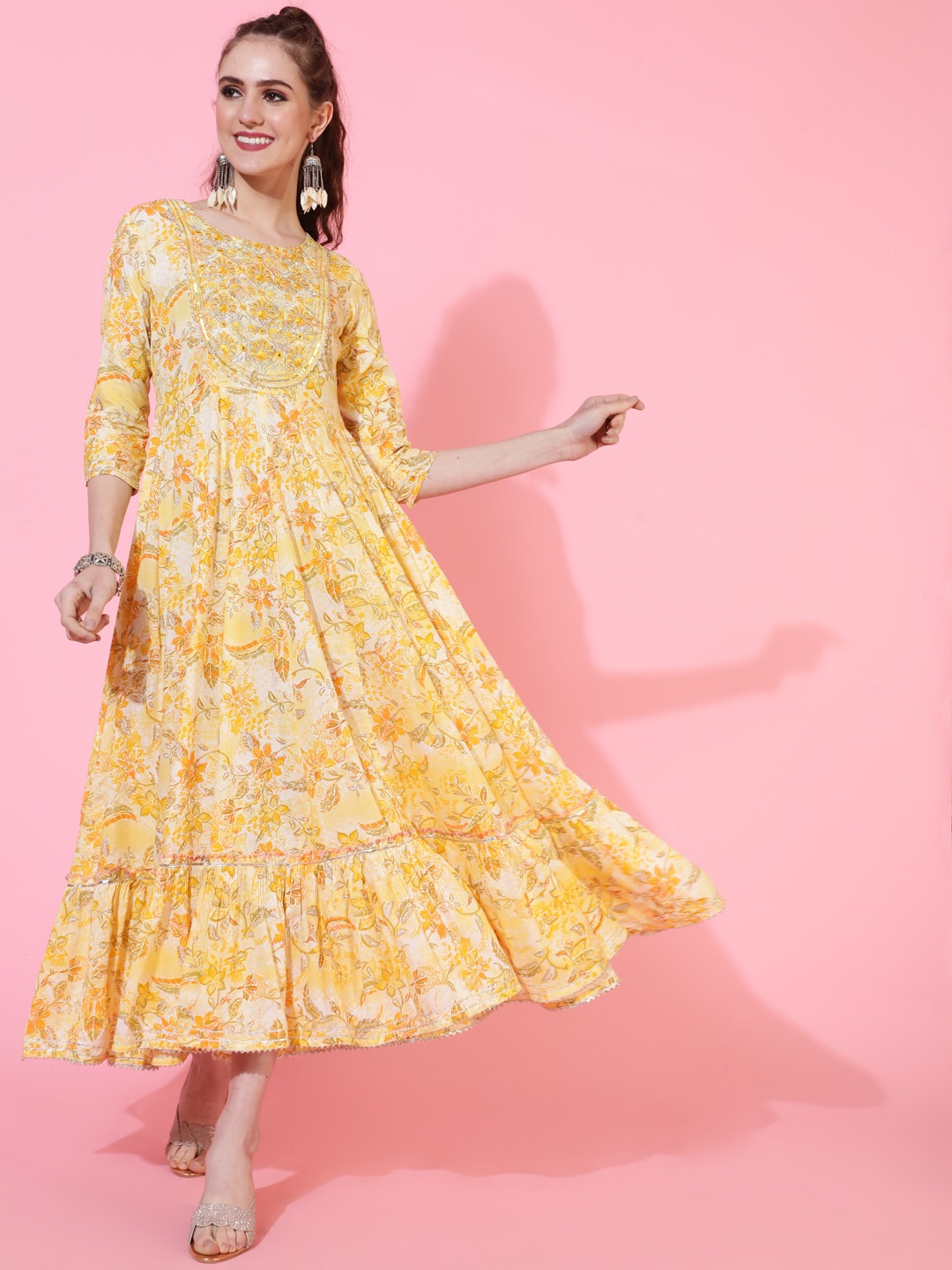 

GULMOHAR JAIPUR Floral Printed Cotton Anarkali Kurta, Yellow