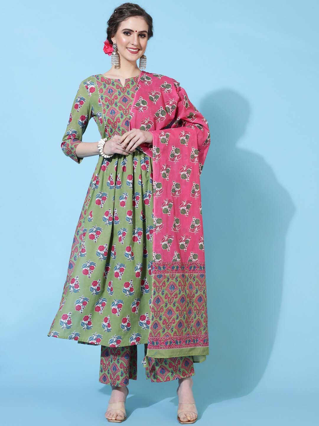 

GULMOHAR JAIPUR Floral Printed Straight Pure Cotton Kurta with Trousers & Dupatta, Green