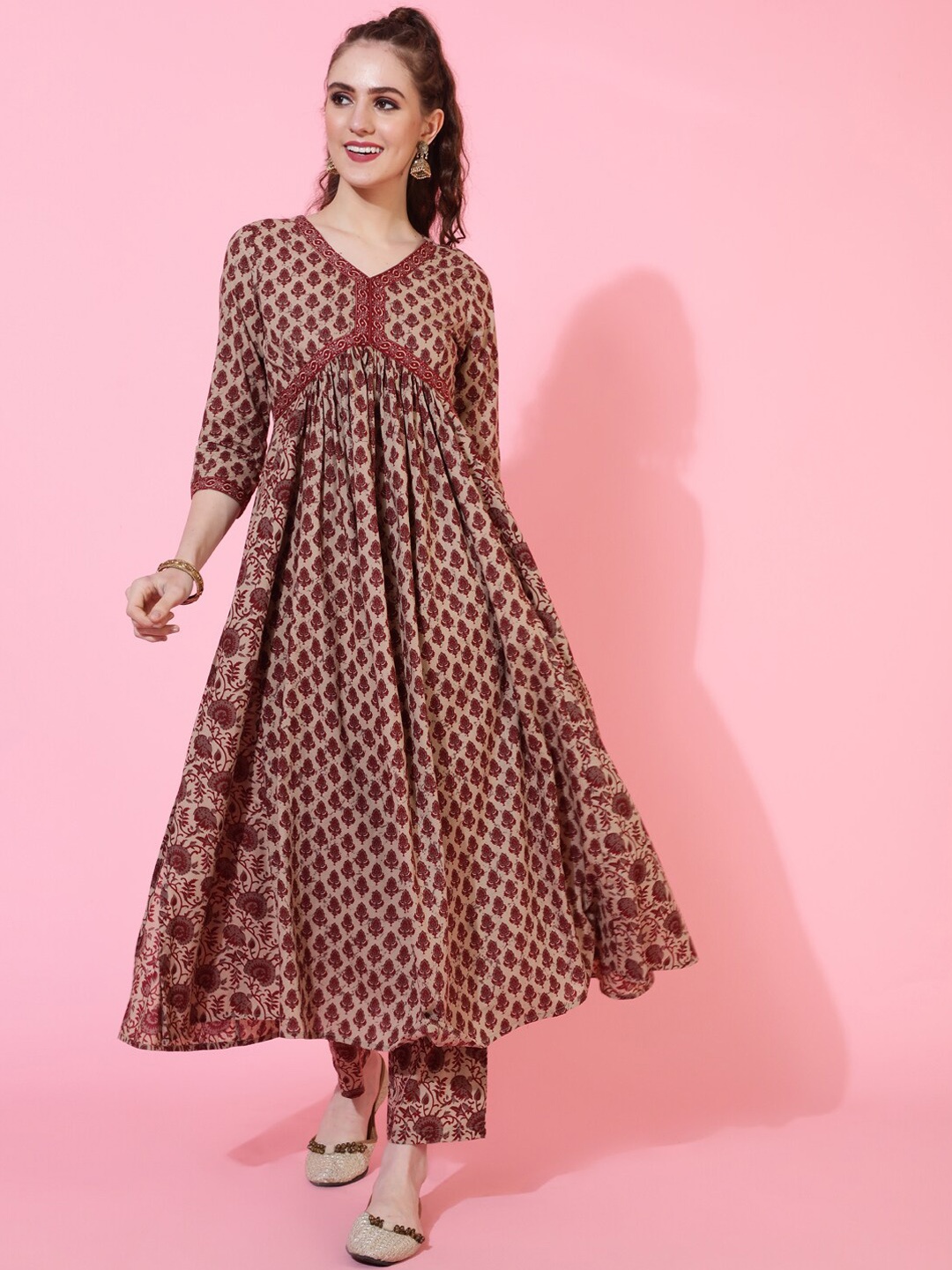 

GULMOHAR JAIPUR Ethnic Motifs Printed Pure Cotton Kurta & Trousers With Dupatta, Brown