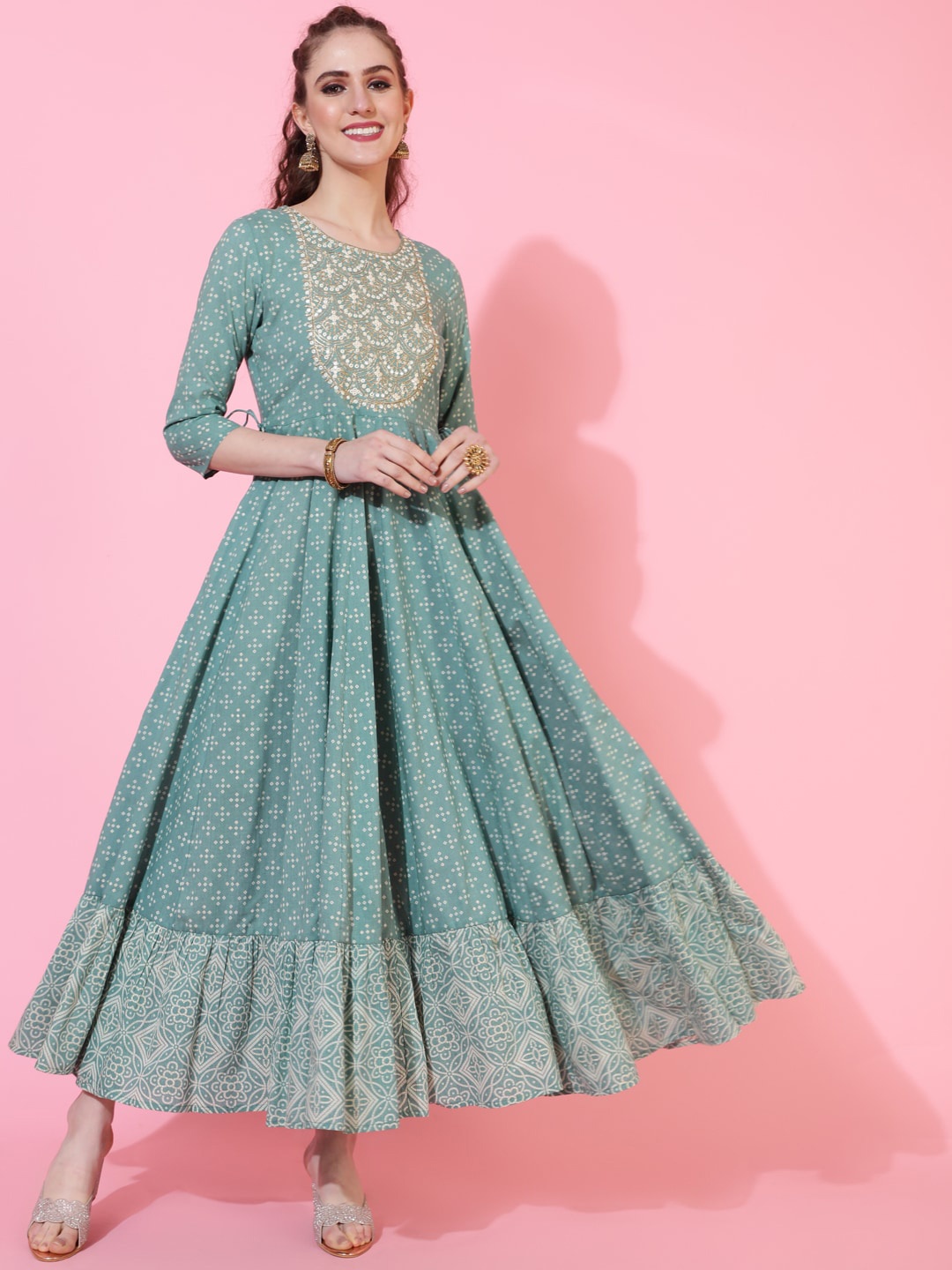 

GULMOHAR JAIPUR Paisley Keyhole Neck Flared Sleeves Sequinned Anarkali Kurta, Green