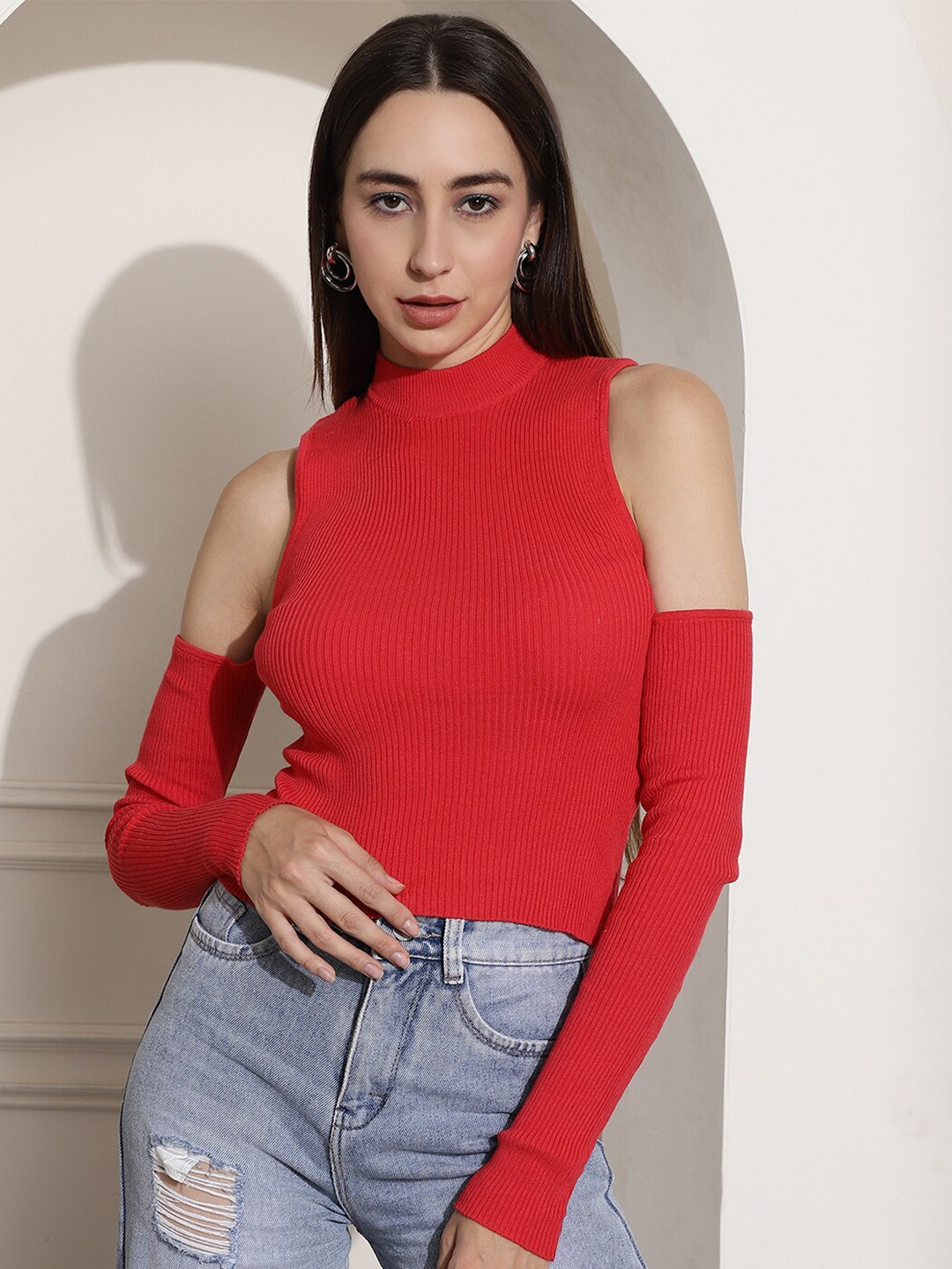 

NoBarr High Neck Cold Shoulder Sleeves Cotton Top, Red